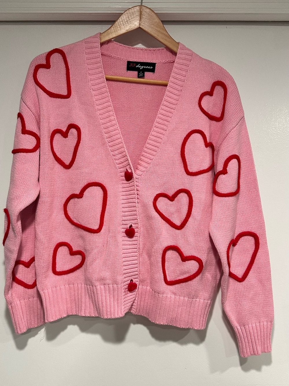 33 degrees Pink Heart-Print Button Cardigan Sweater
